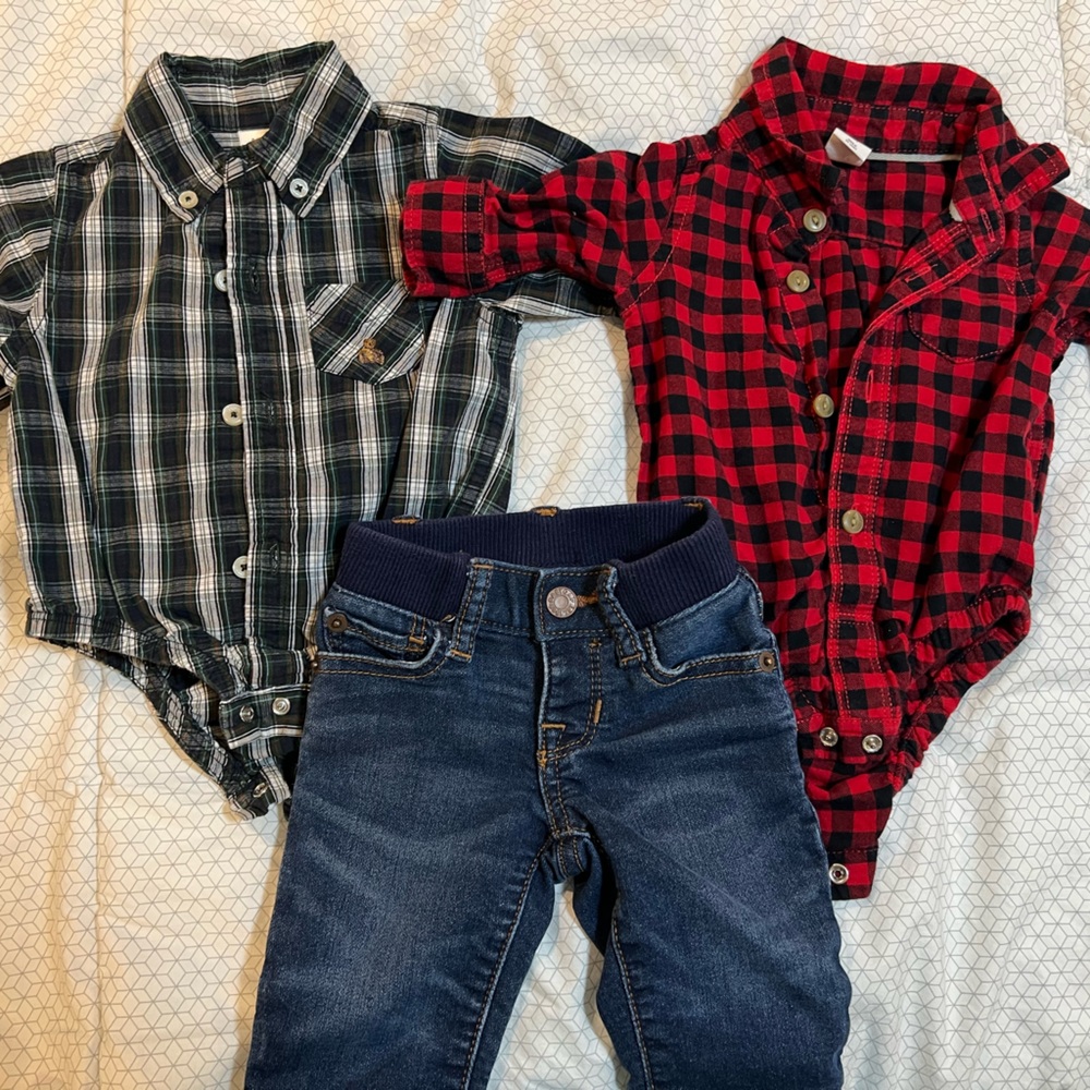GAP button down bodysuits and GAP jeans